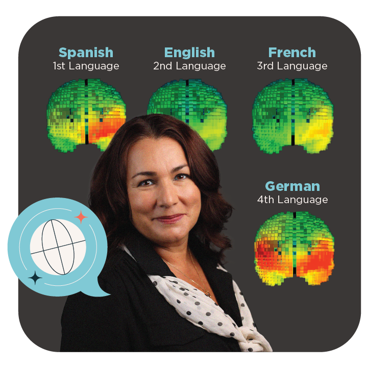 La imagen de su escáner cerebral (en la foto) muestra la conexión más fuerte con la palabra «entusiasta» en su primer idioma, el español.